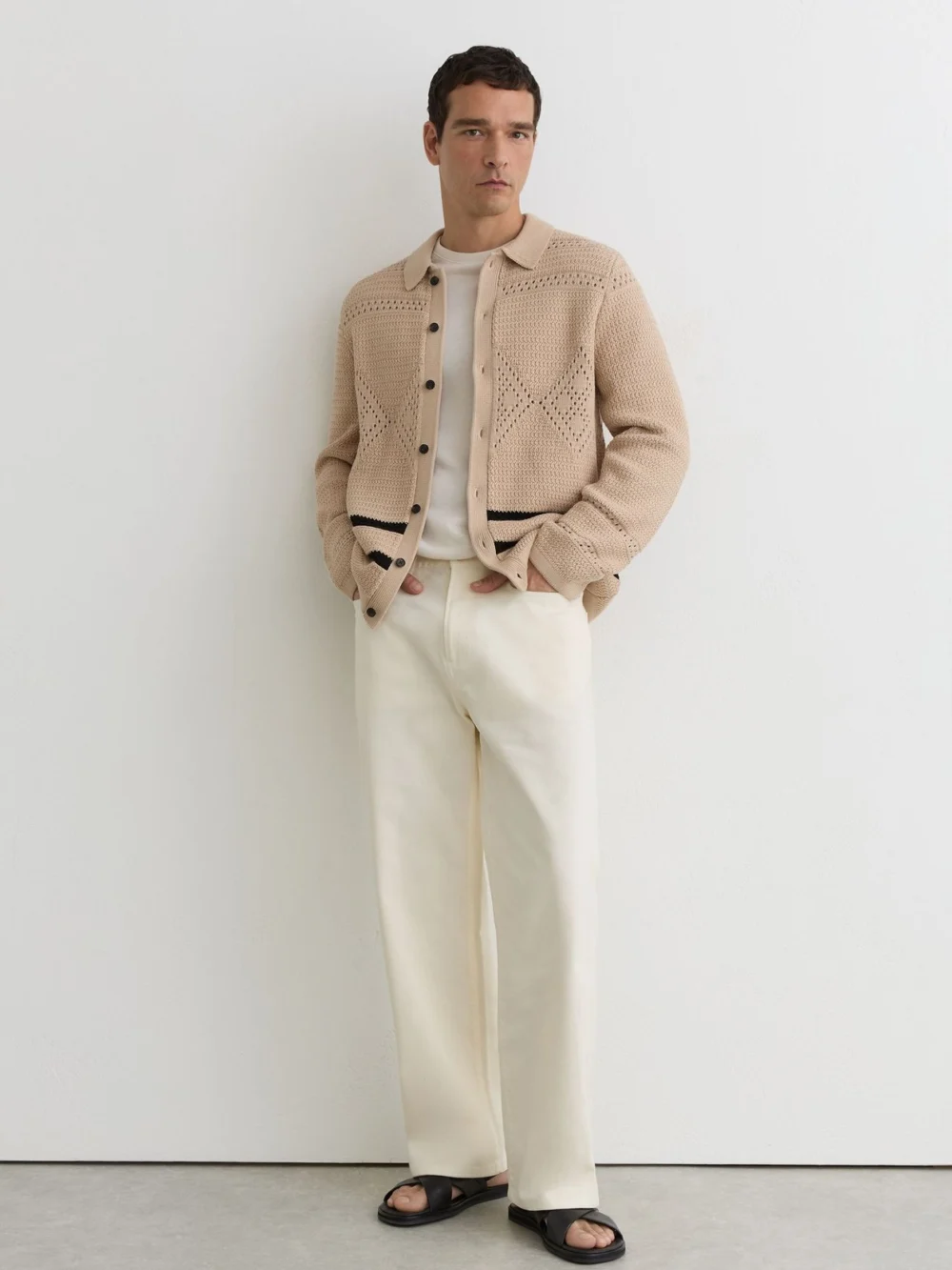 Reiss Stone Crochet-knit Button-through Jacket, view 3