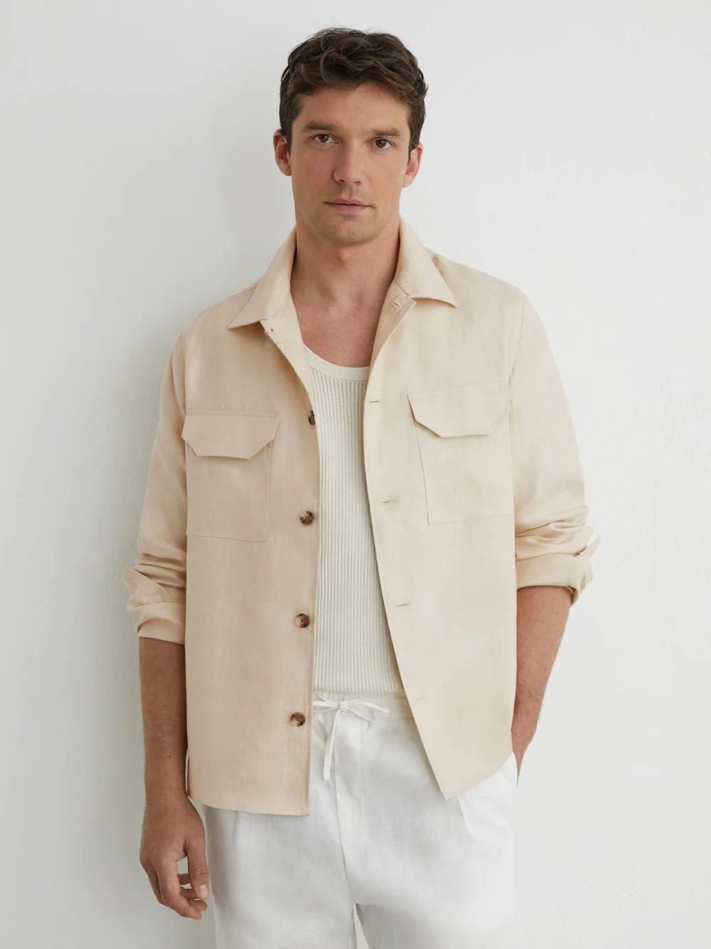 Reiss Stone Linen Herringbone-stripe Regular-fit Shirt