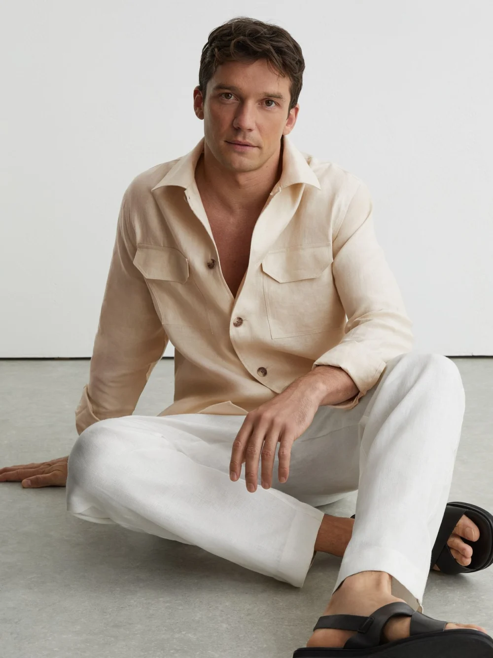 Reiss Stone Linen Herringbone-stripe Regular-fit Shirt, view 3