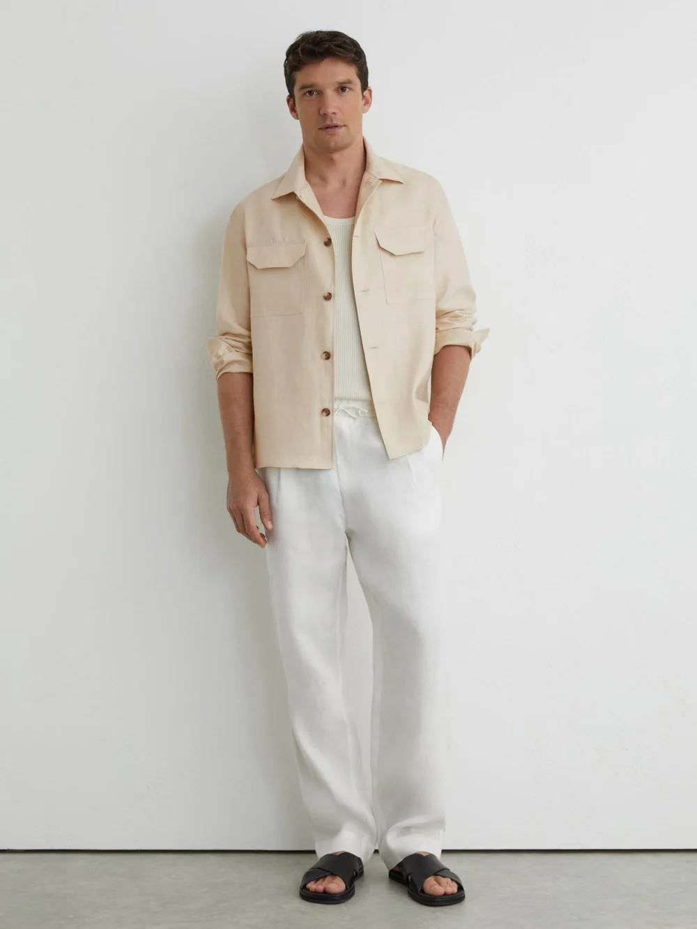 Reiss Stone Linen Herringbone-stripe Regular-fit Shirt, view 4
