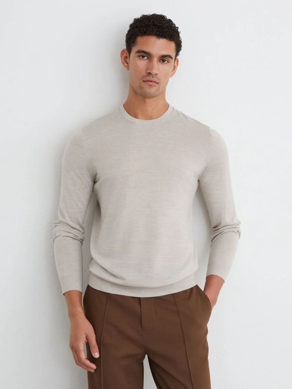 Reiss Stone Mouline Merino Wool Crew-neck Jumper, view 4