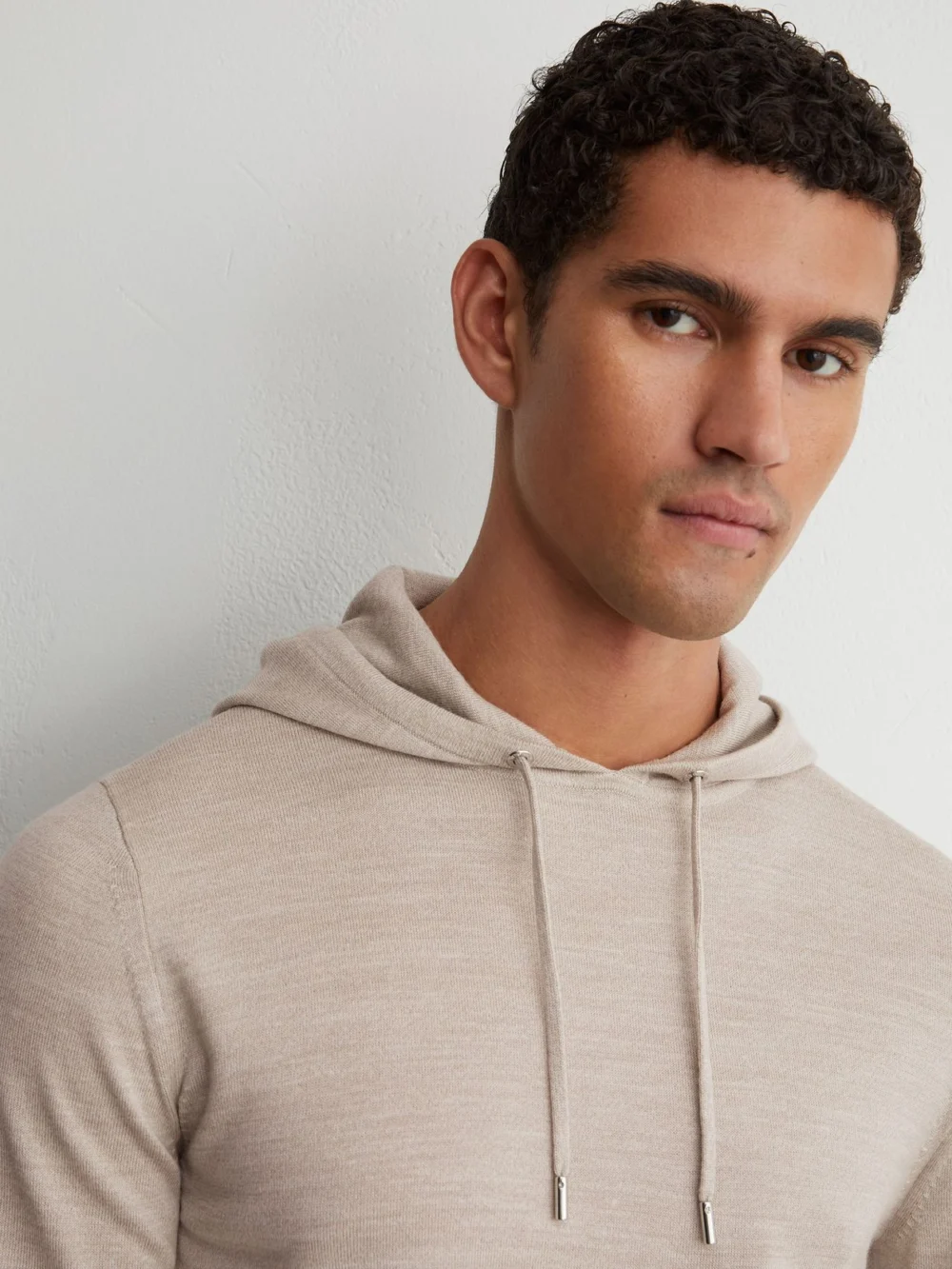 Reiss Stone Mouline Merino Wool Drawstring Hoodie