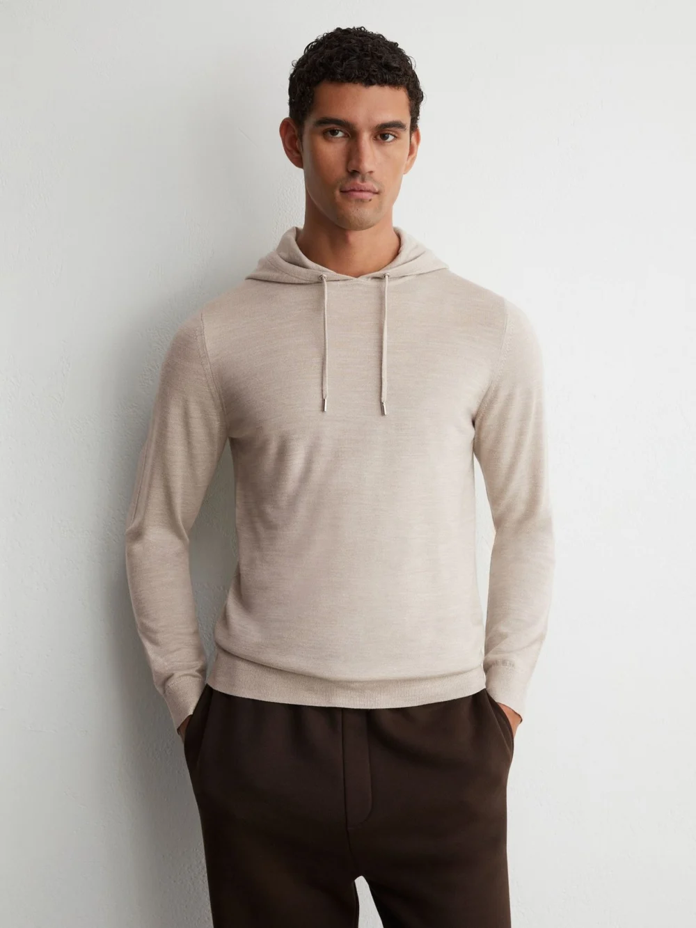 Reiss Stone Mouline Merino Wool Drawstring Hoodie, view 4