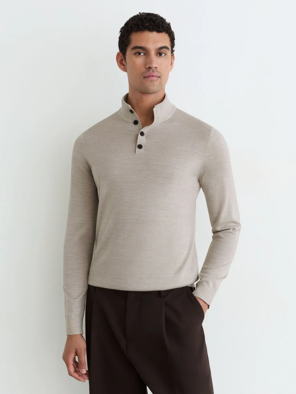 Reiss Stone Mouline Merino Wool Half-button Funnel Jumper