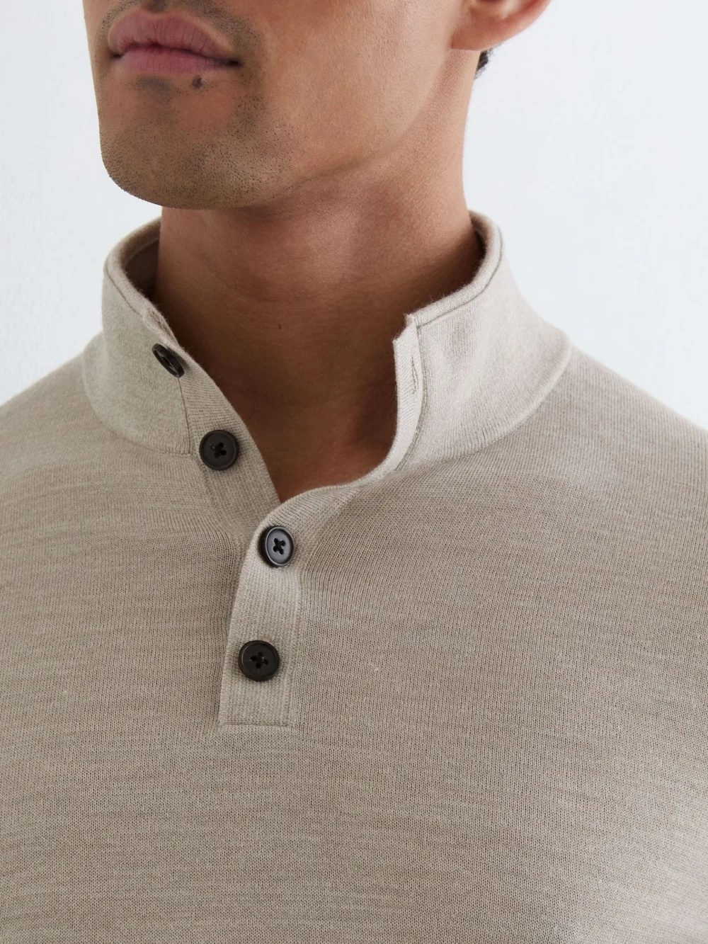 Reiss Stone Mouline Merino Wool Half-button Funnel Jumper, view 3