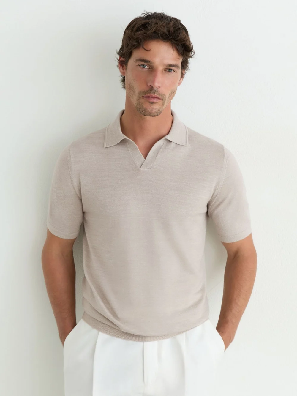 Reiss Stone Mouline Merino Wool Open-collar Polo Shirt, view 4