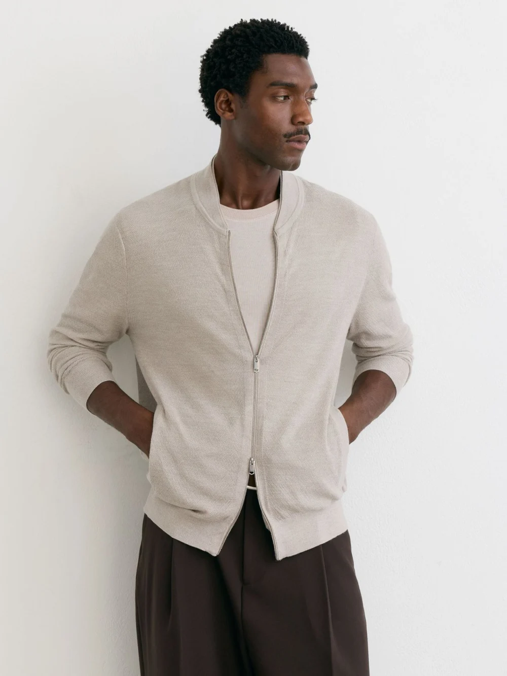 Reiss Stone Mouline Merino Wool Textured Bomber Cardigan, view 3