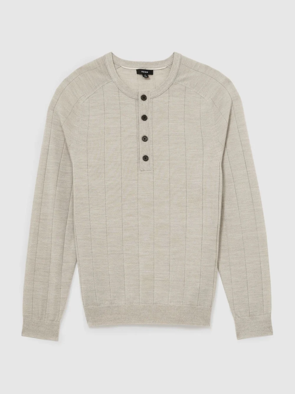 Reiss Stone Mouline Merino Wool Wide-rib Henley Jumper, view 2