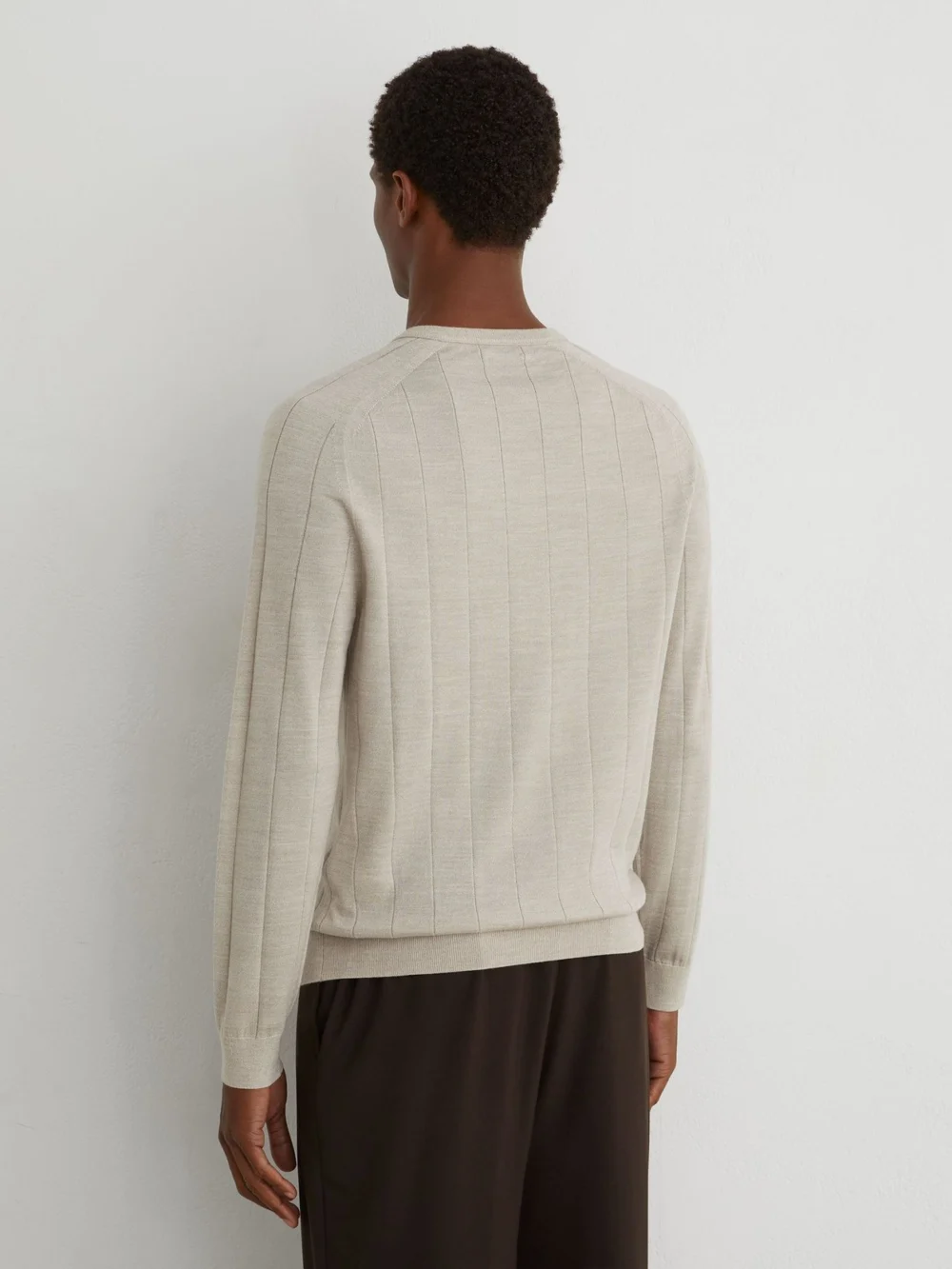 Reiss Stone Mouline Merino Wool Wide-rib Henley Jumper, view 4