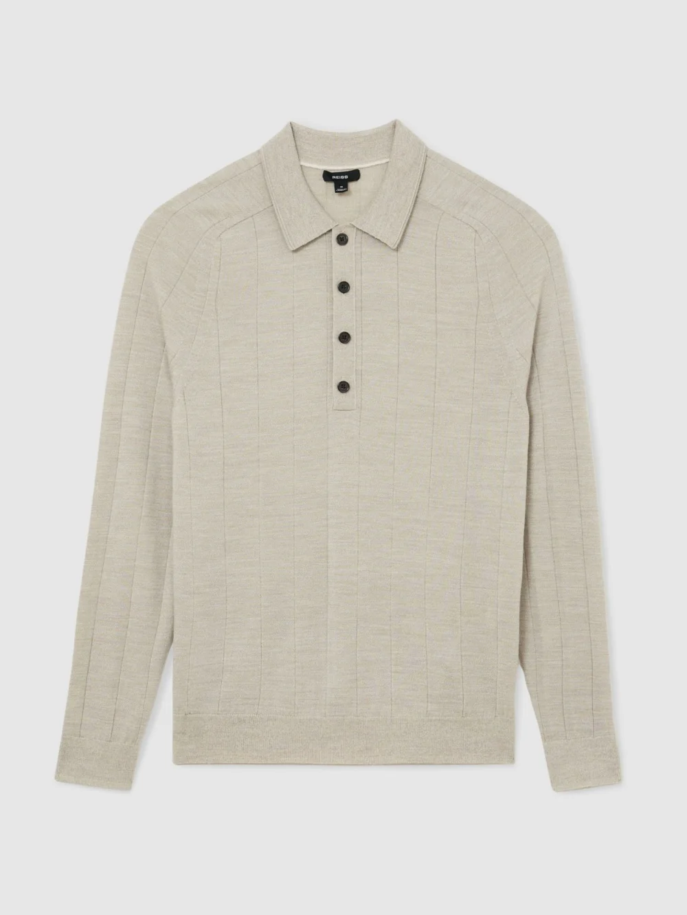 Reiss Stone Mouline Merino Wool Wide-rib Polo Jumper, view 2