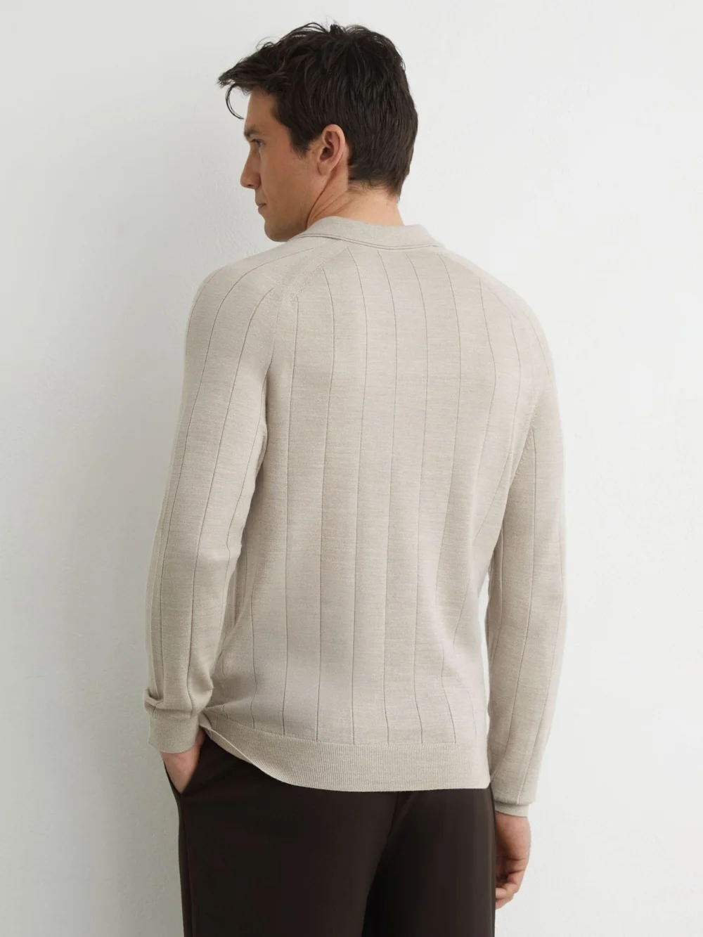 Reiss Stone Mouline Merino Wool Wide-rib Polo Jumper, view 4