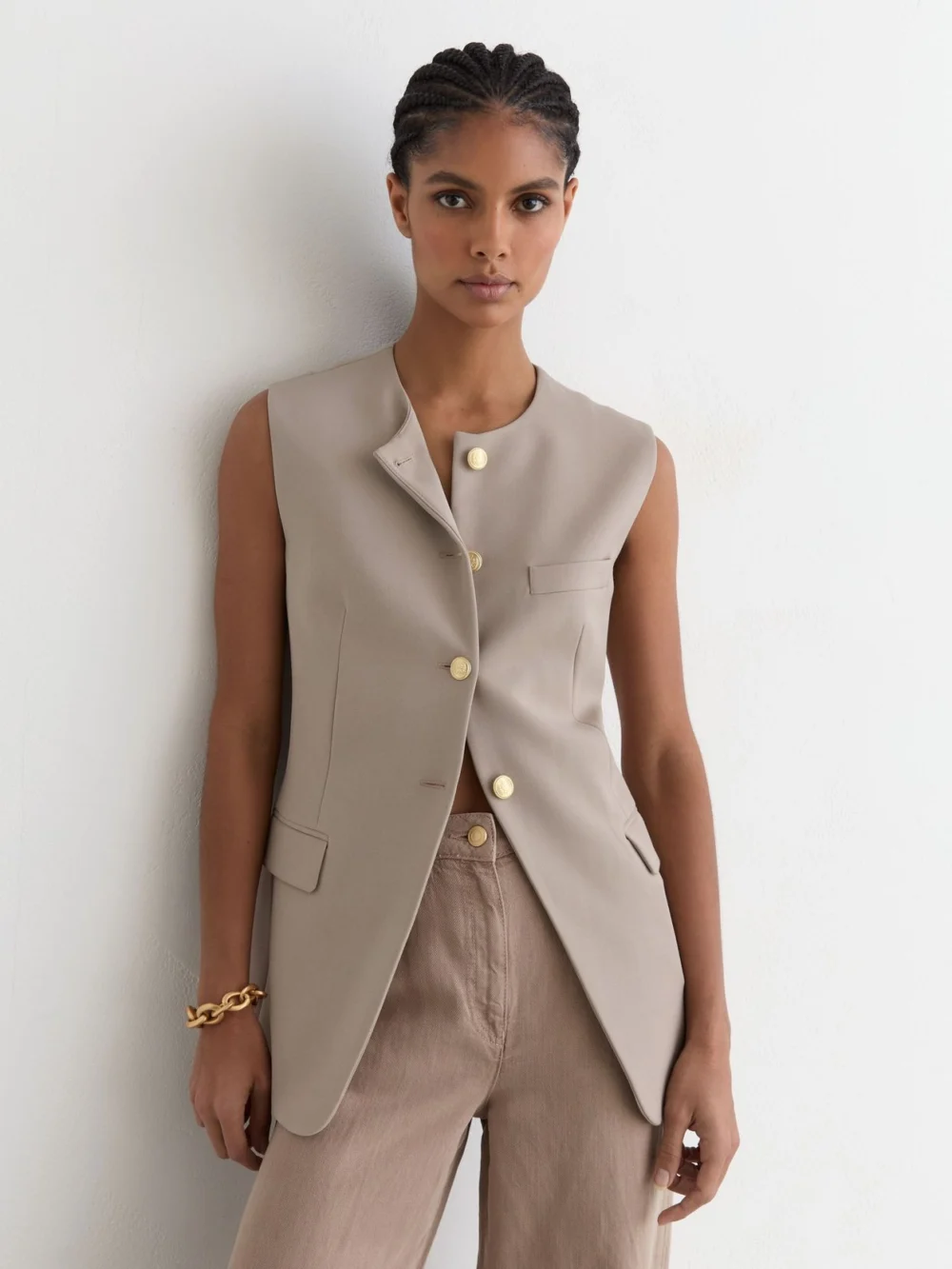 Reiss Stone Neutral Button-through Longline Waistcoat