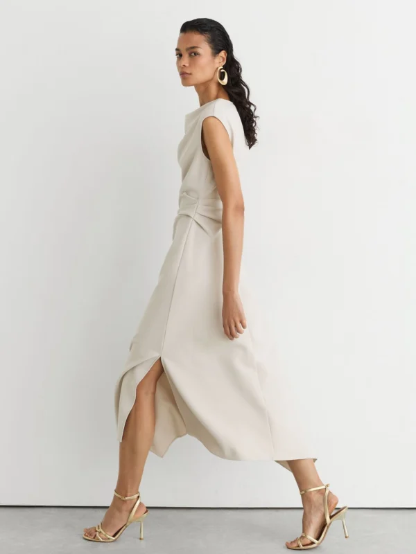 Reiss Stone Neutral Gathered-detail Draped Midi Dress