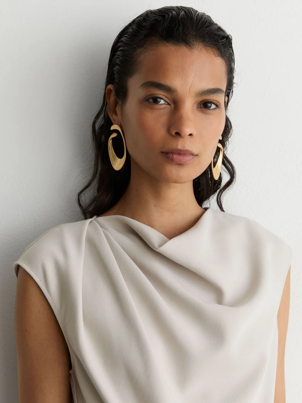 Reiss Stone Neutral Gathered-detail Draped Midi Dress, view 3