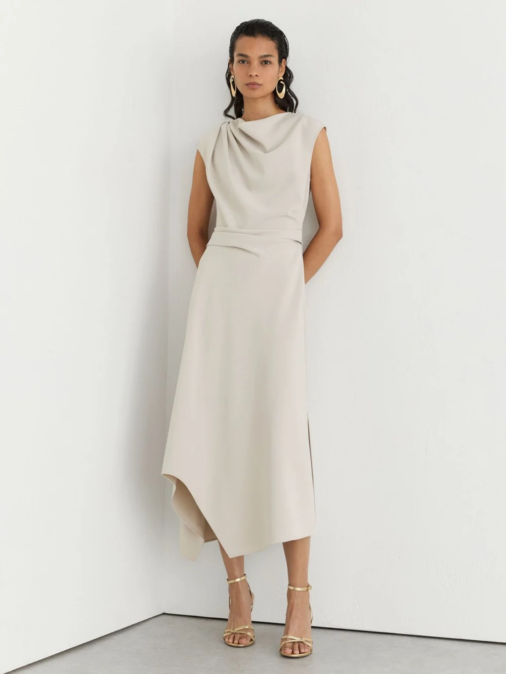 Reiss Stone Neutral Gathered-detail Draped Midi Dress, view 4