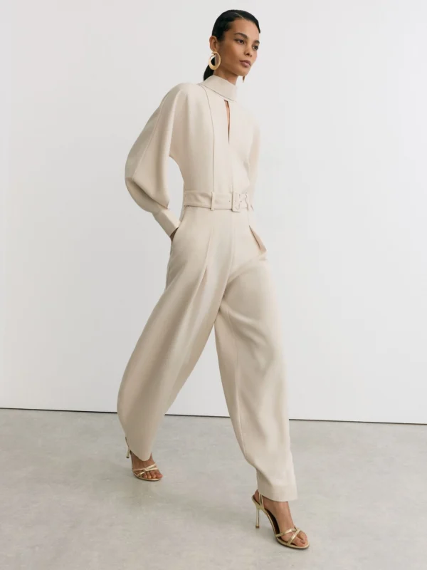 Reiss Stone Neutral High-neck Belted Barrel-leg Jumpsuit