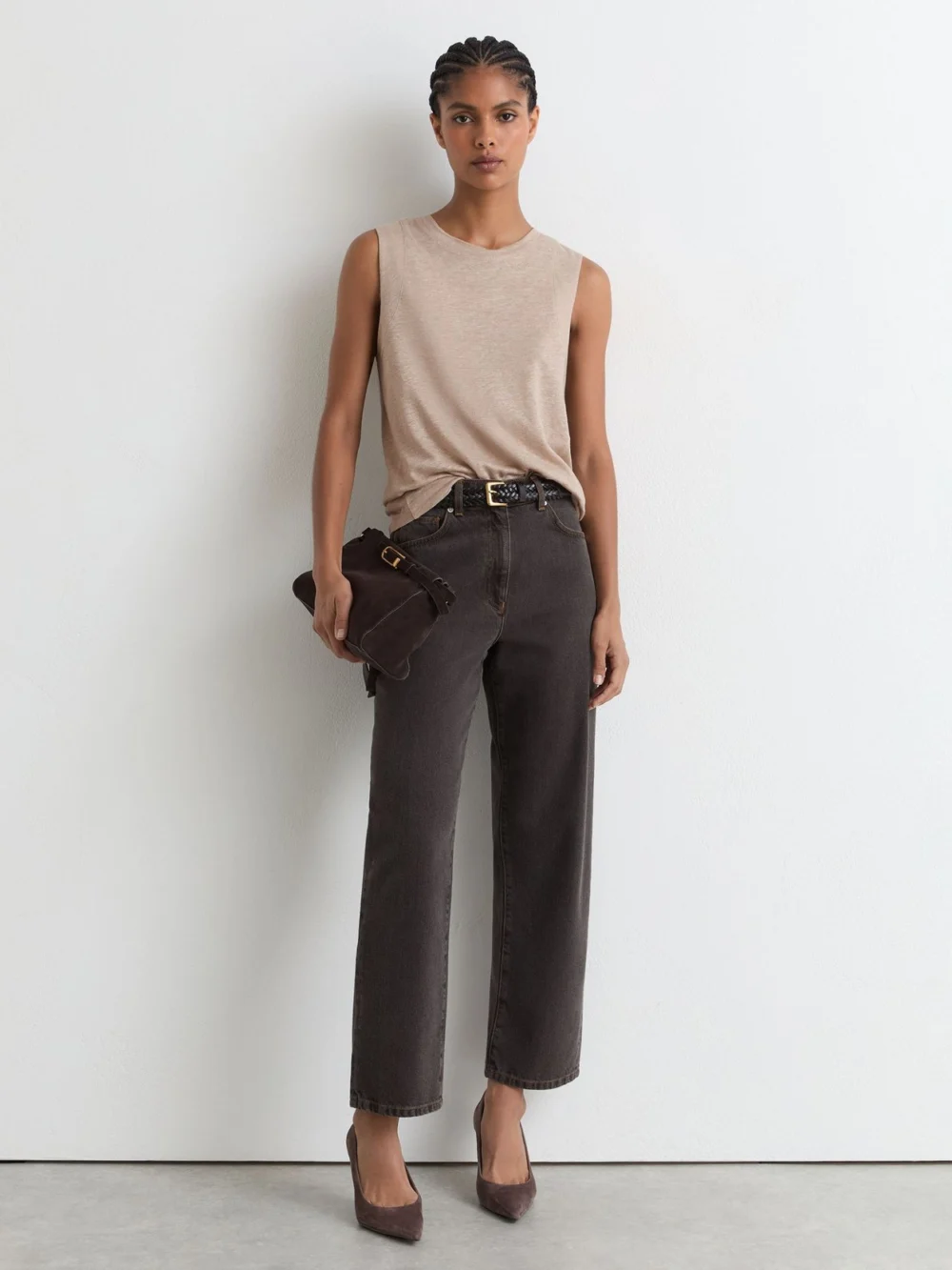 Reiss Stone Neutral Linen Jersey Crew-neck Vest, view 3