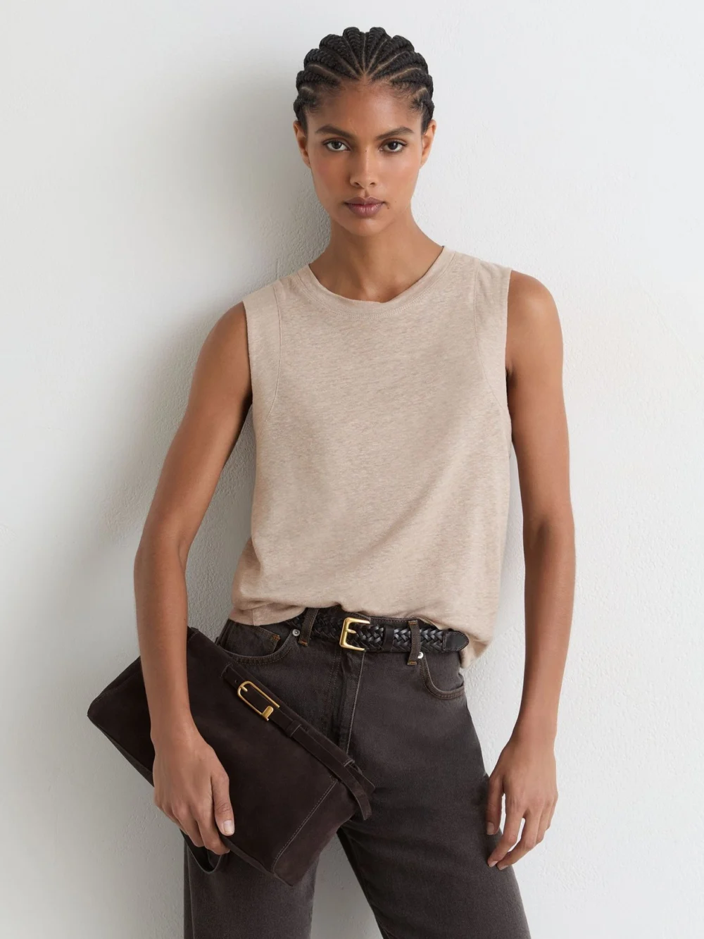 Reiss Stone Neutral Linen Jersey Crew-neck Vest, view 4