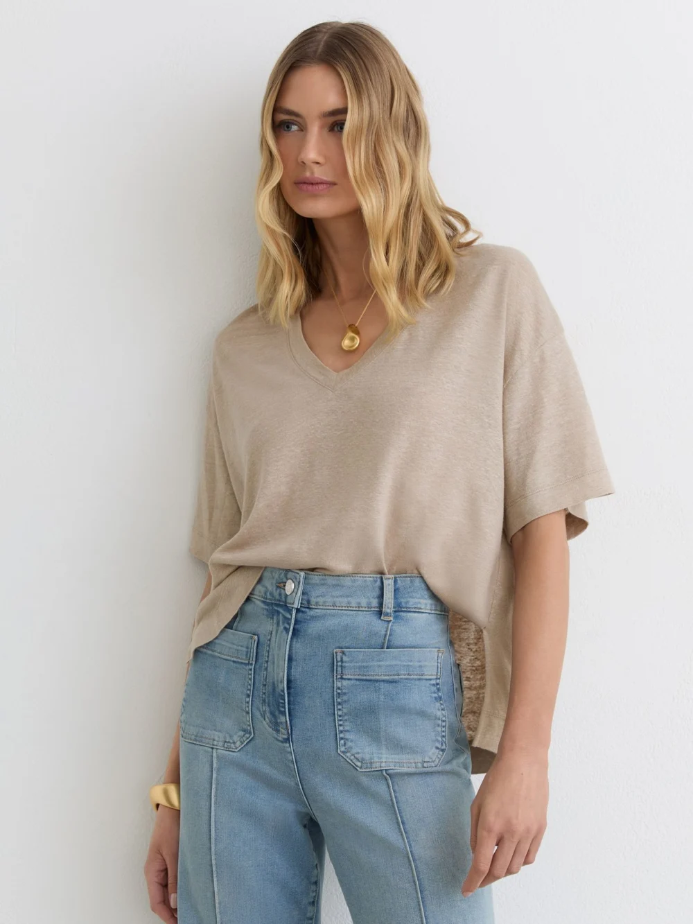 Reiss Stone Neutral Linen V-neck T-shirt