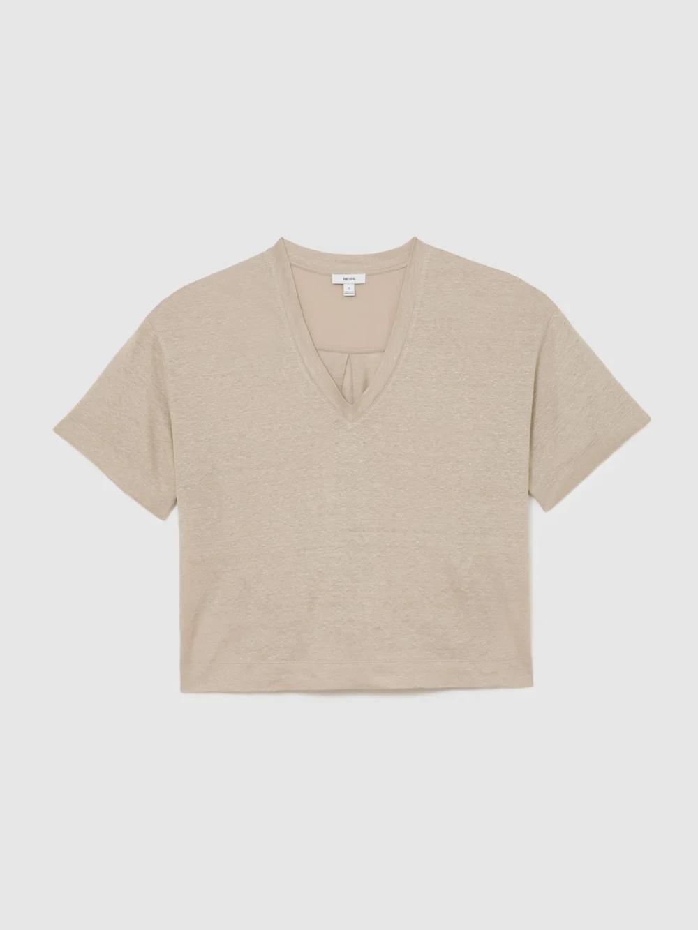 Reiss Stone Neutral Linen V-neck T-shirt, view 2