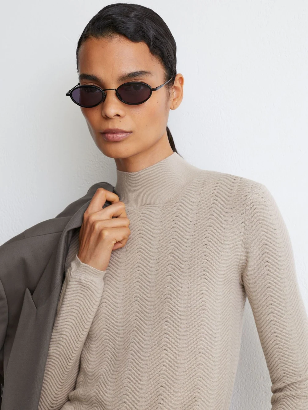 Reiss Stone Neutral Wool-blend Textured-knit Top