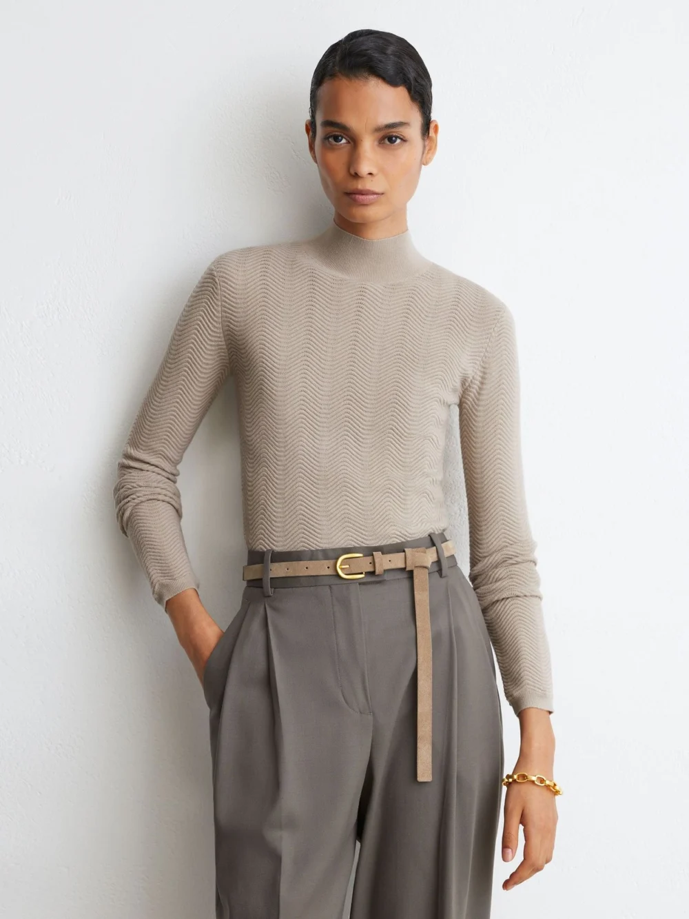 Reiss Stone Neutral Wool-blend Textured-knit Top, view 3