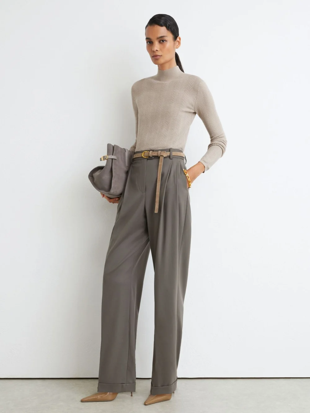 Reiss Stone Neutral Wool-blend Textured-knit Top, view 4