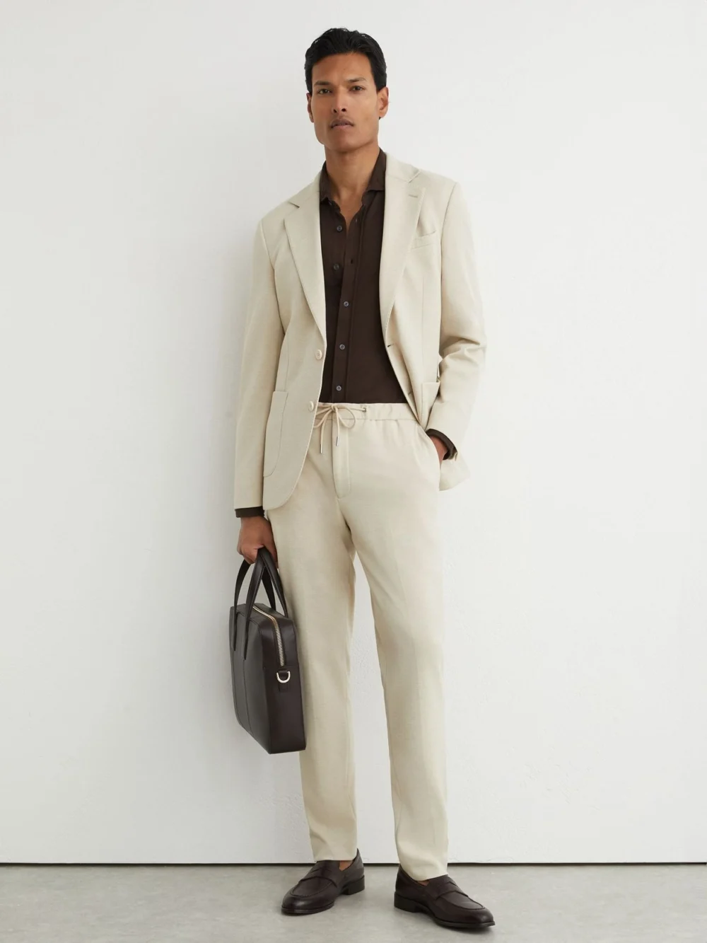 Reiss Stone Tailored Fit Textured Jersey Drawstring Suit Trousers