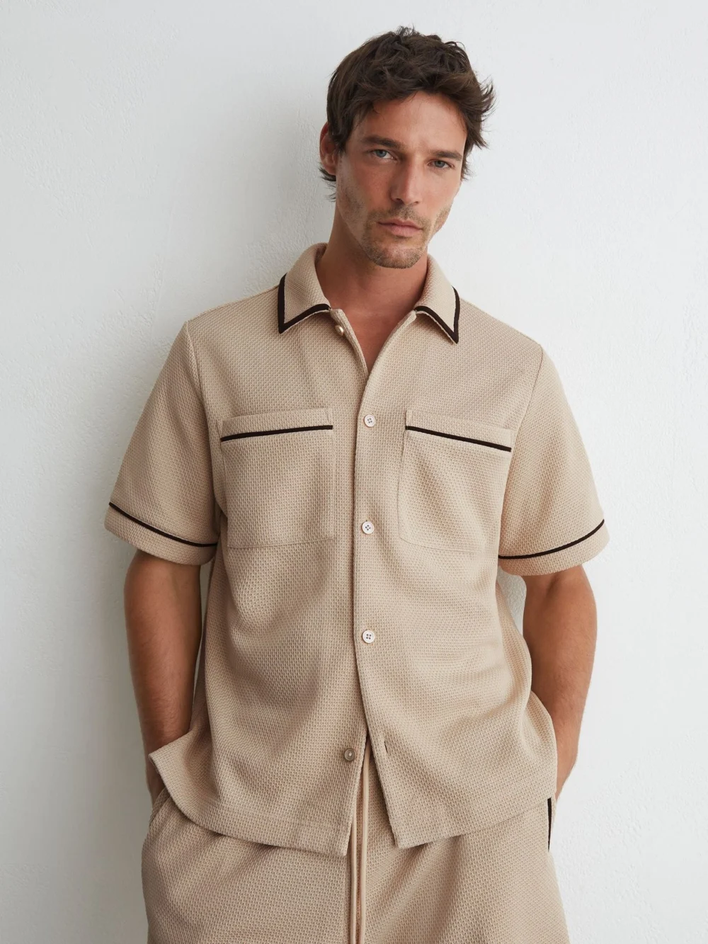 Reiss Stone Textured Piped Short-sleeve Shirt, view 3