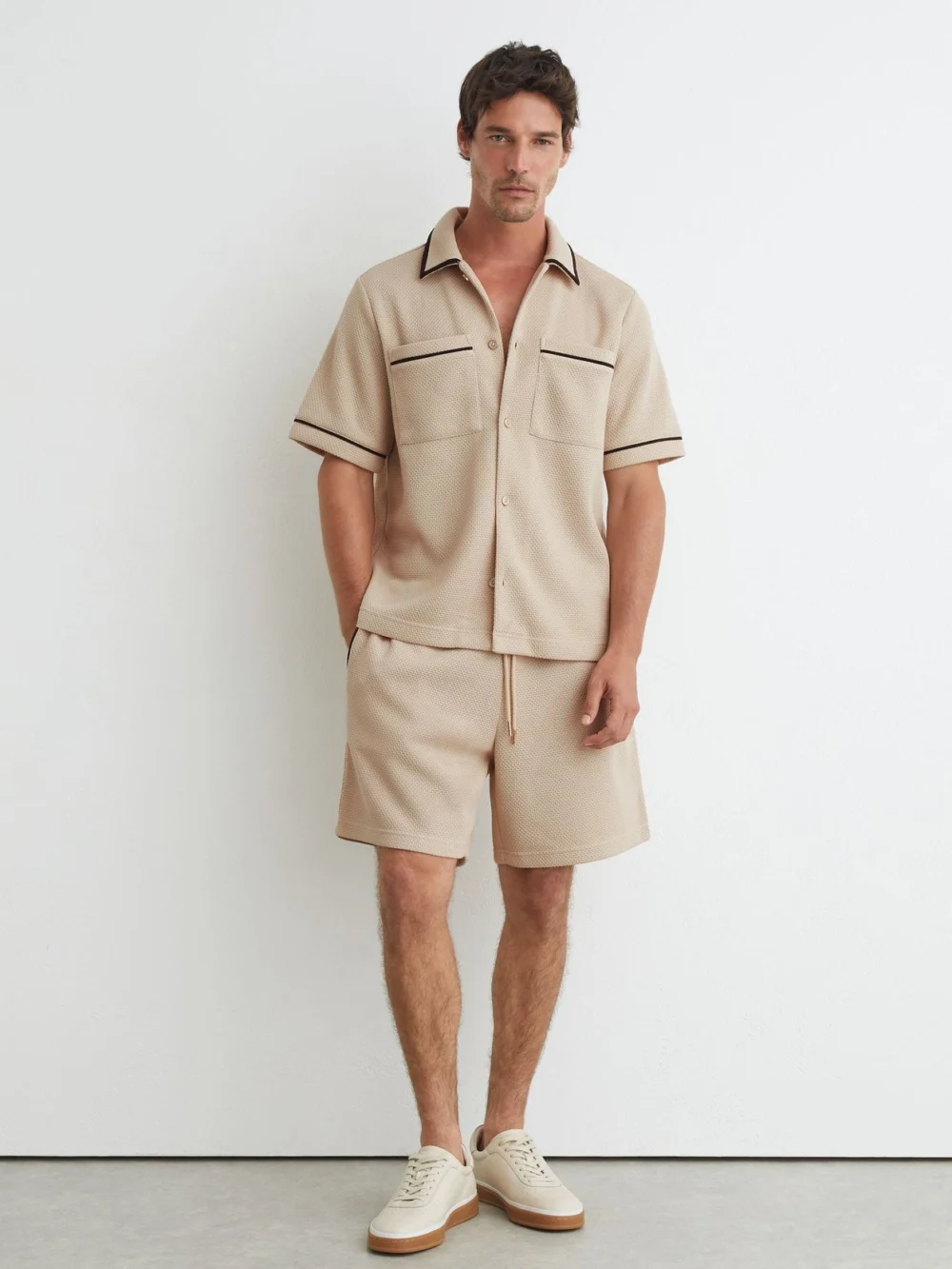 Reiss Stone Textured Piped Short-sleeve Shirt, view 4