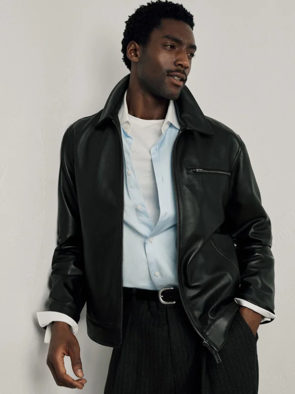 Reiss Strader Men's Black Leather Zip-through Jacket