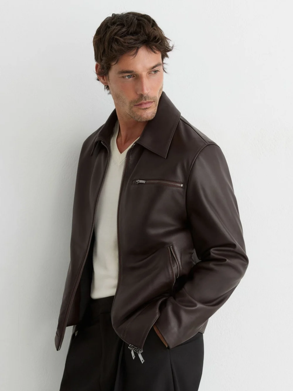 Reiss Strader Men's Brown Leather Zip-through Jacket