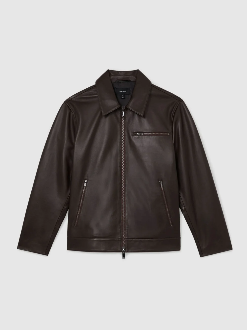 Reiss Strader Men's Brown Leather Zip-through Jacket, view 2