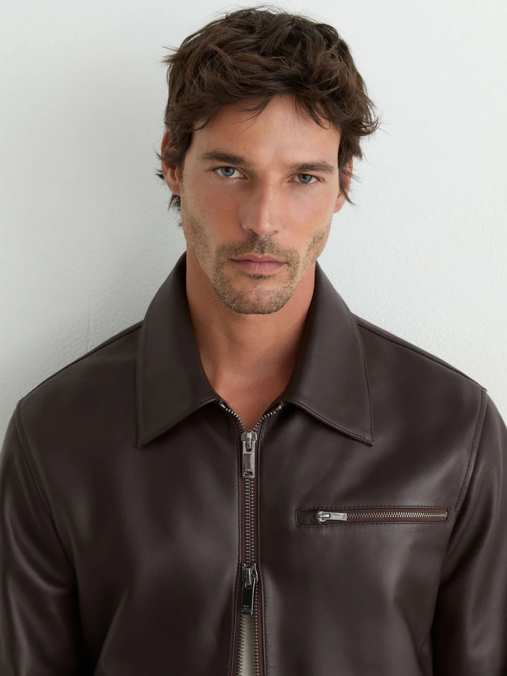 Reiss Strader Men's Brown Leather Zip-through Jacket, view 3