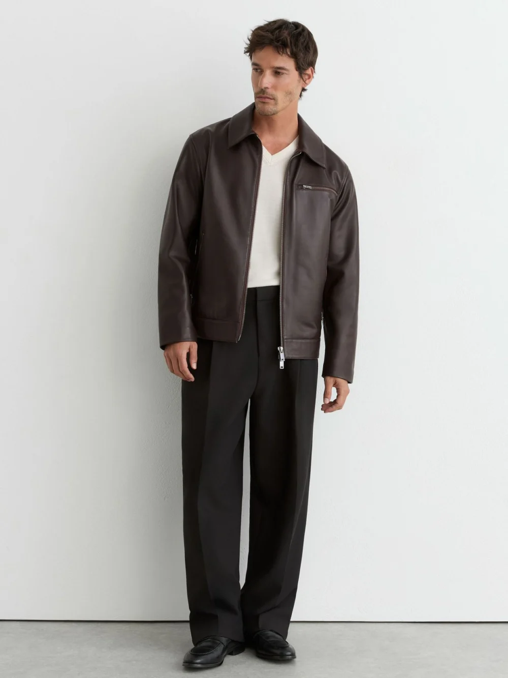 Reiss Strader Men's Brown Leather Zip-through Jacket, view 4