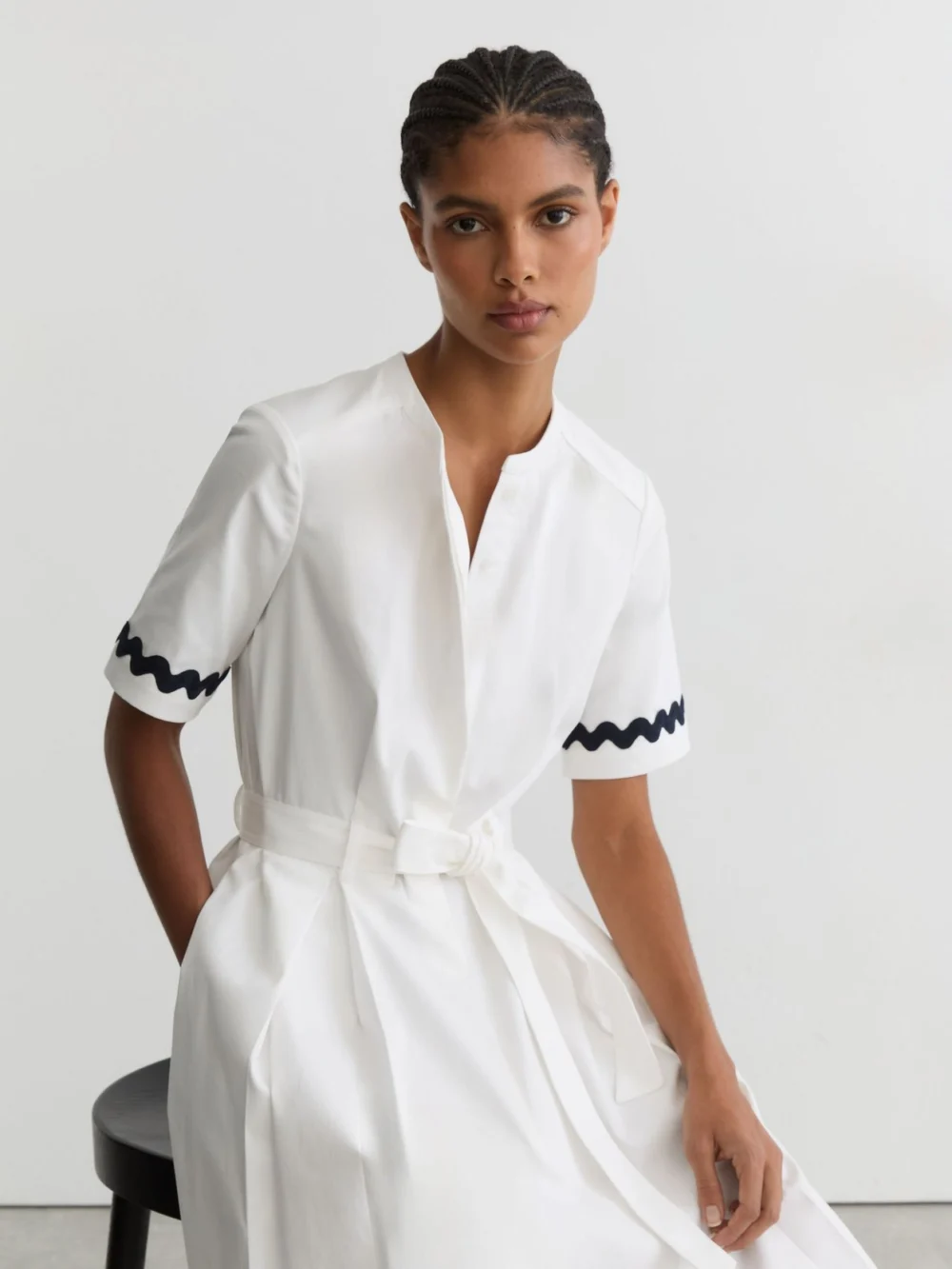 Reiss Stretch-cotton Wave-trim Midi Dress, view 3