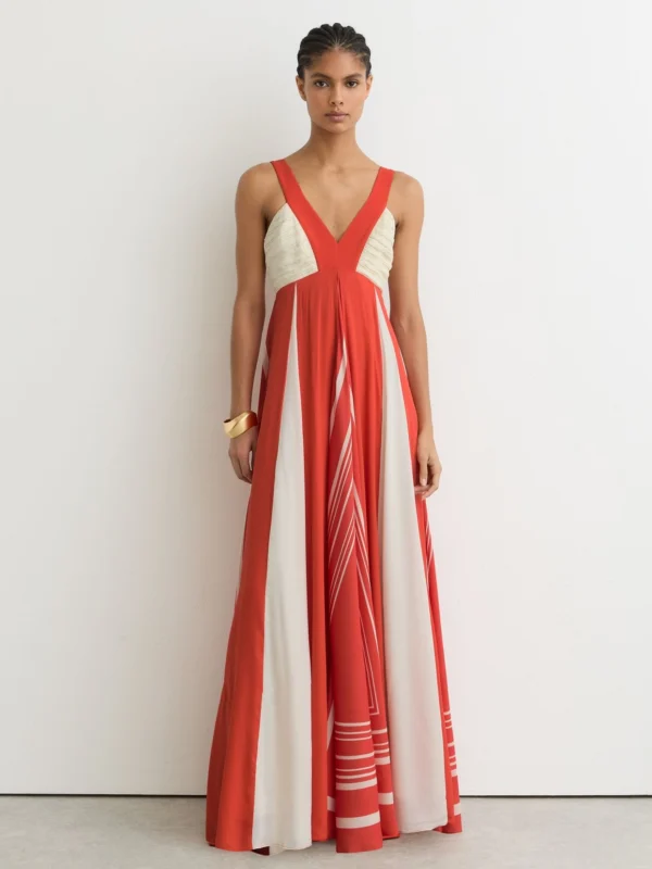 Reiss Tallie Orange & Empire-line Printed Maxi Dress, 12