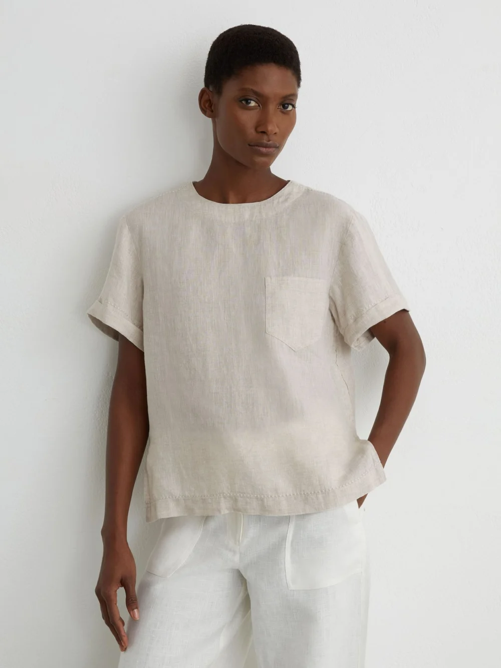 Reiss Tamara Beige Neutral Linen Patch-pocket T-shirt, view 3