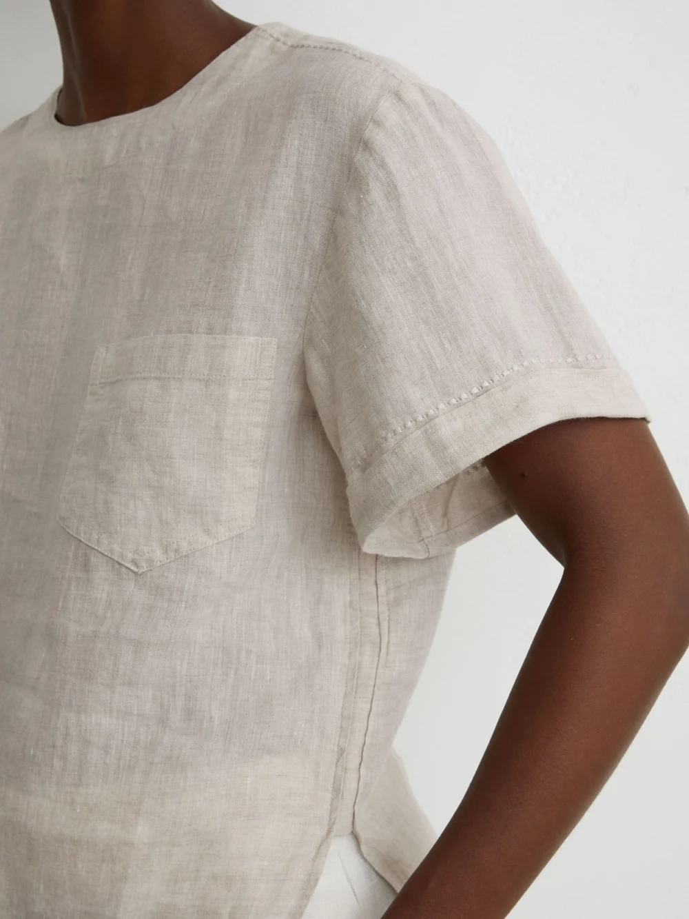 Reiss Tamara Beige Neutral Linen Patch-pocket T-shirt, view 4
