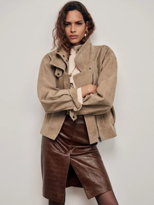 Reiss Tan Brown Leather Croc-embossed Midi Pencil Skirt