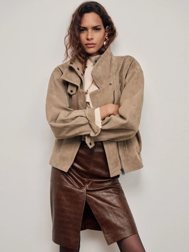 Reiss Tan Brown Leather Croc-embossed Midi Pencil Skirt