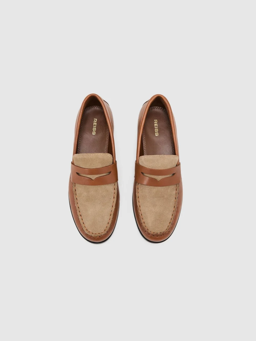 Reiss Tan Leather and Suede Penny Loafers, view 3
