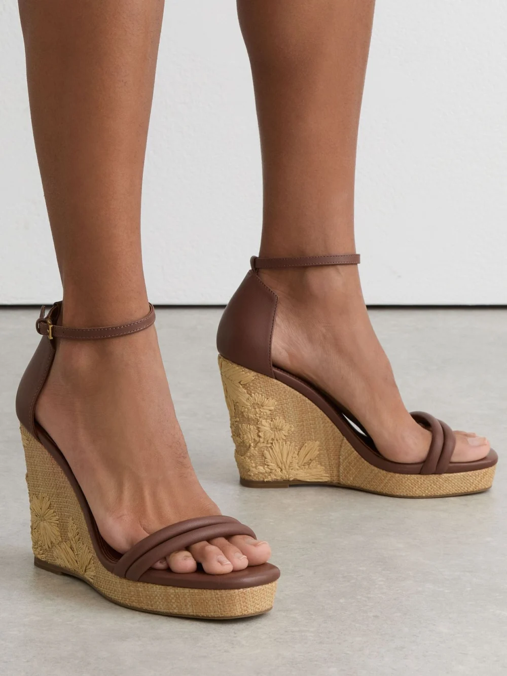 Reiss Tan Leather Embroidered-wedge Sandals, view 4
