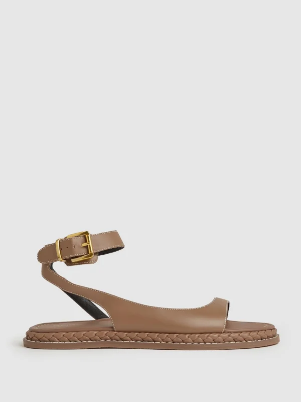 Reiss Tan Leather Plait Detail Sandals