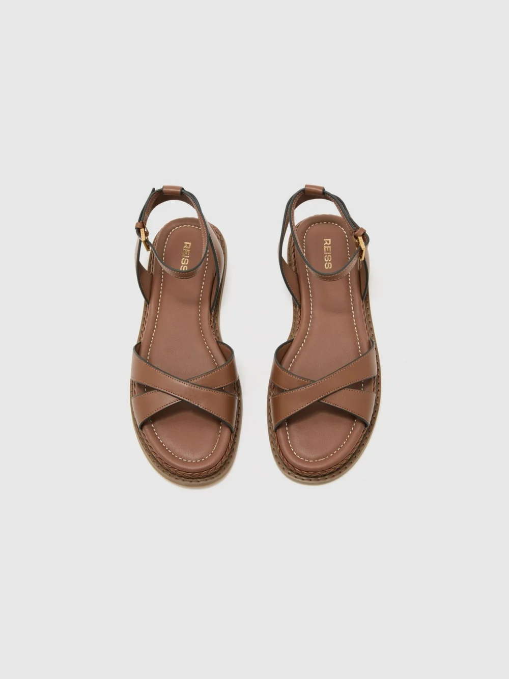 Reiss Tan Leather Plaited-detail Flat Sandals, view 3
