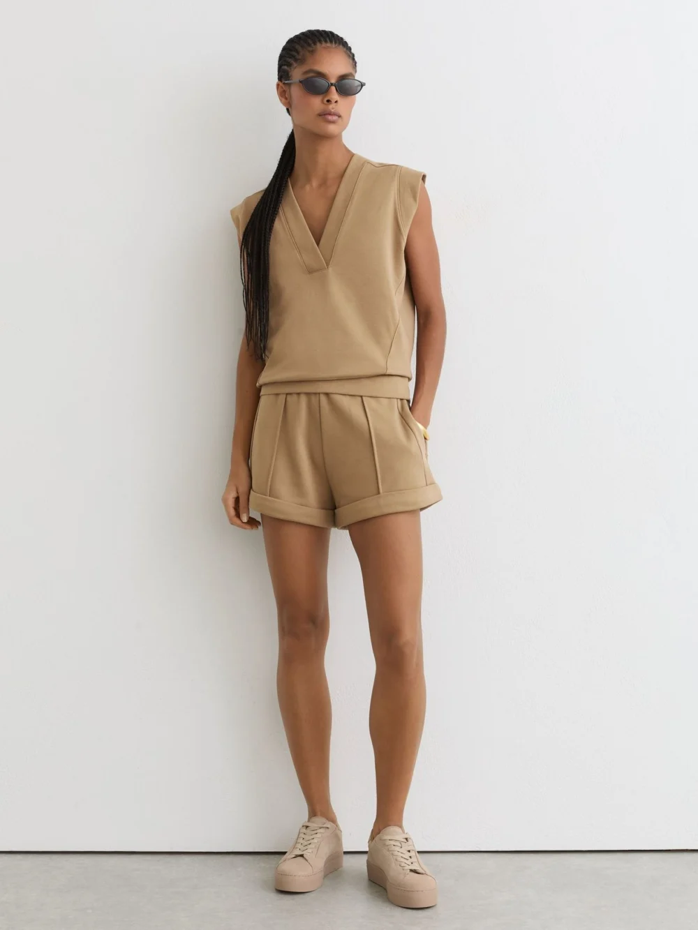Reiss Tan Neutral Cotton-blend Sleeveless V-neck Sweat Top, view 3
