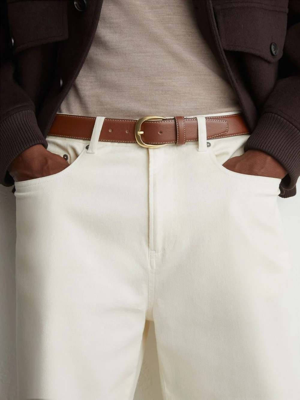 Reiss Tan Pierced-leather Curved-buckle Belt