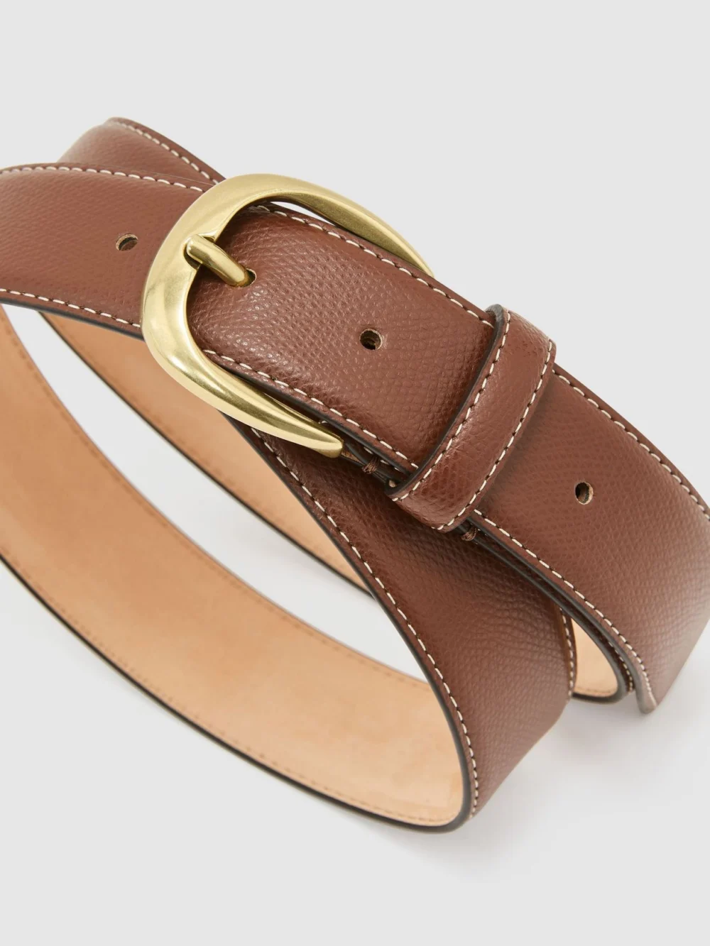 Reiss Tan Pierced-leather Curved-buckle Belt, view 3