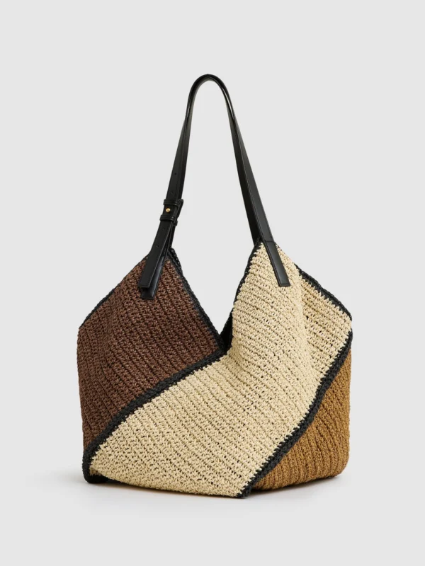 Reiss Tan Raffia-effect Colour-block Tote Bag,