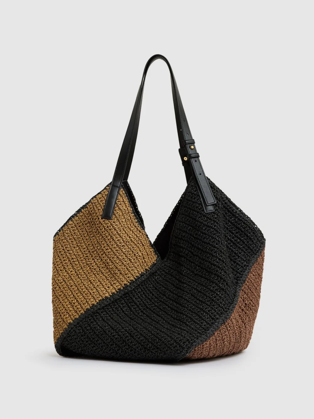 Reiss Tan Raffia-effect Colour-block Tote Bag,, view 4